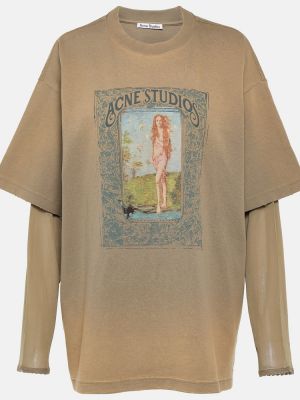 Bavlněné tričko s potiskem jersey Acne Studios hnědé