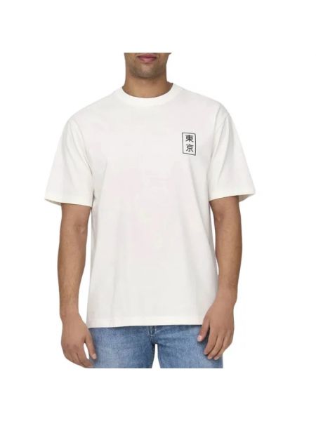 Camiseta de algodón manga corta de cuello redondo Only & Sons blanco