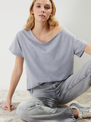 Melanžové pletené bavlněné tričko Trendyol