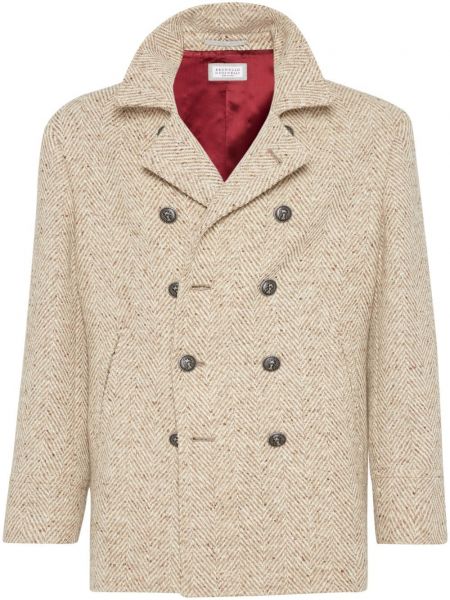 Μάλλινο μακρύ παλτό με μοτίβο ψαροκόκαλο Brunello Cucinelli μπεζ