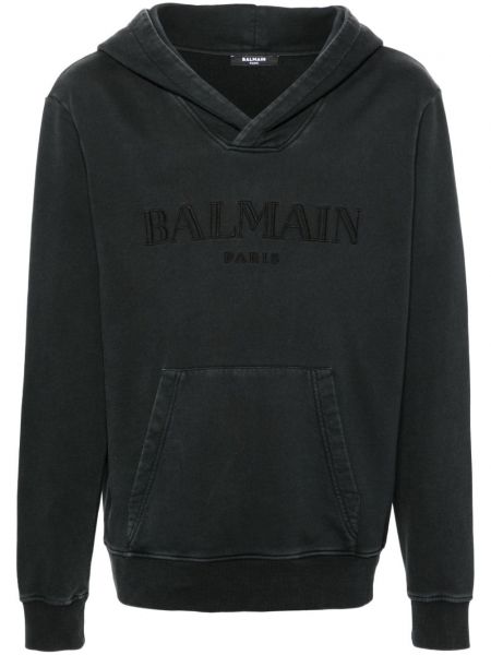 Pamučna hoodie s kapuljačom s vezom Balmain siva