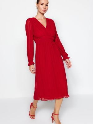 Pletena plisirana obleka iz šifona Trendyol rdeča