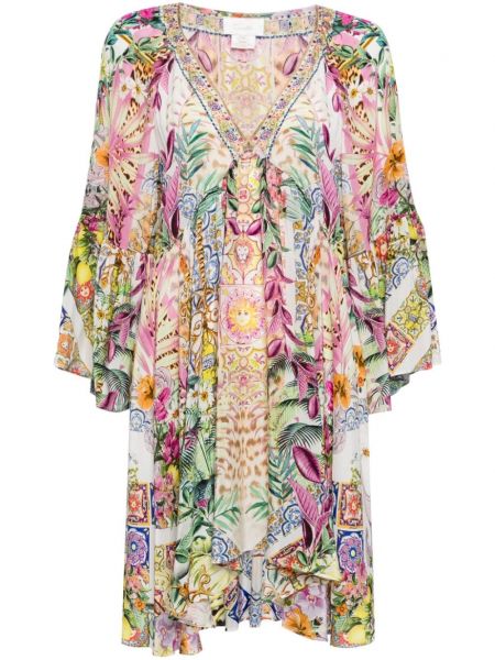 Svilena midi obleka s cvetličnim vzorcem s potiskom Camilla bela