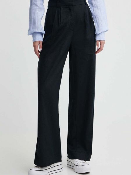 Lniane proste spodnie z wysoką talią Abercrombie & Fitch czarne
