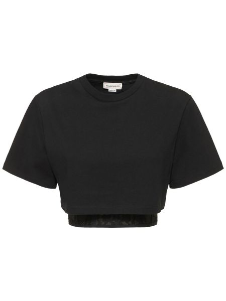 Camiseta de algodón de tela jersey de encaje Alexander Mcqueen negro