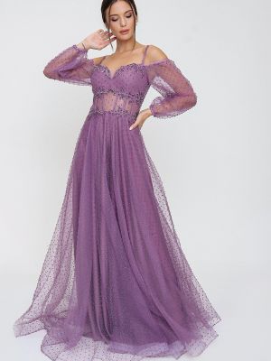 Rochie de seară cu buline din tul din dantelă By Saygı violet