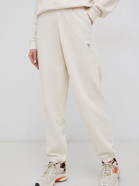Reebok Classic pantaloni de bumbac H49295 femei, culoarea crem, neted