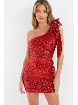 Платье на одно плечо с пайетками с бантом Quiz красное