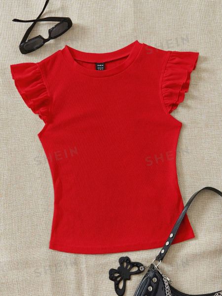 Однотонная трикотажная футболка с коротким рукавом Shein красная