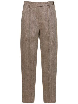 Λινό παντελόνι με ίσιο πόδι με μοτίβο ψαροκόκαλο Brunello Cucinelli καφέ