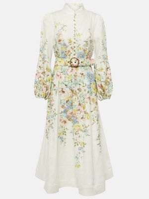 Lanena midi obleka s cvetličnim vzorcem Zimmermann