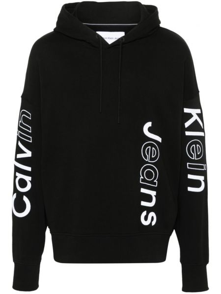 Pamučna hoodie s kapuljačom s vezom Calvin Klein crna