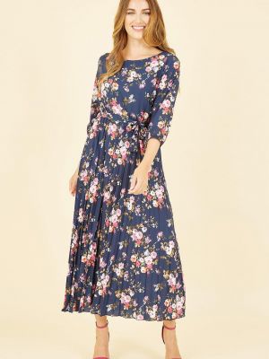 Длинное платье в цветочек с принтом с длинным рукавом Yumi синее