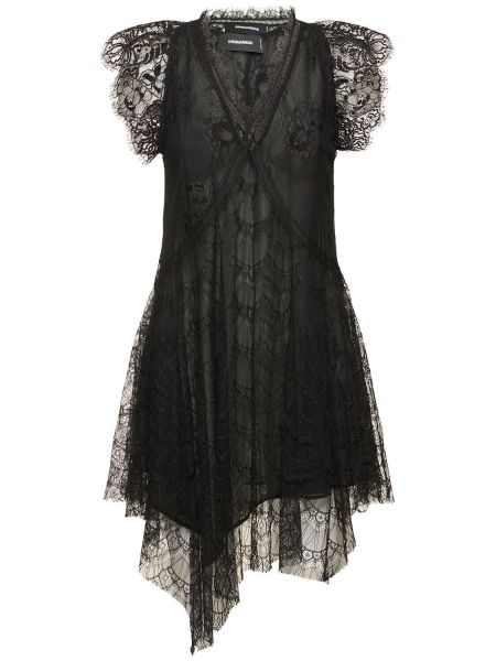 Čipkované asymetrické mini šaty s volánmi Dsquared2 čierna
