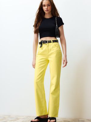Laia lõikega kõrge vöökohaga teksapüksid Trendyol kollane
