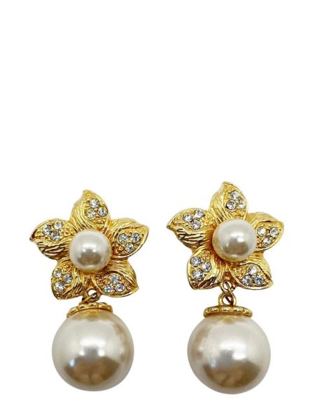 Krištáľové kvetinové náušnice s perlami Jennifer Gibson zlatá