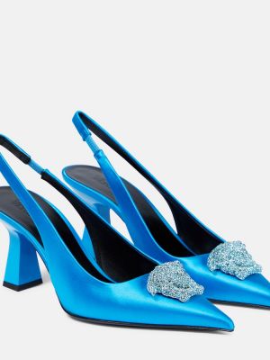 Сатенени полуотворени обувки с отворена пета Versace синьо