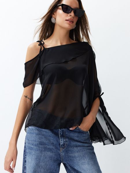 Bluză din șifon transparente împletită Trendyol negru