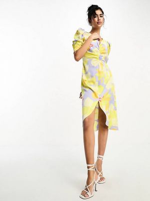 Атласный платье с разрезом в цветочек с принтом Vila желтый