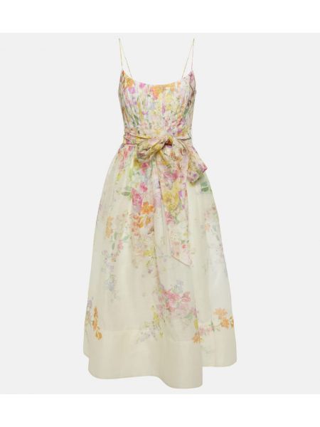 Květinové hedvábné lněné midi šaty Zimmermann