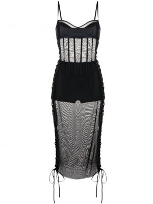 Sukienka midi sznurowana z siateczką koronkowa Monse czarna