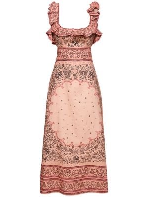 Lněné midi šaty s volány Zimmermann růžové