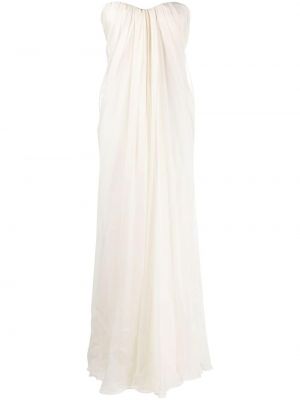 Копринена вечерна рокля от шифон с драперии Alexander Mcqueen бяло