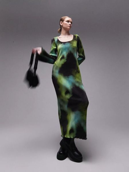 Плиссированное платье миди с принтом с абстрактным узором Topshop зеленое