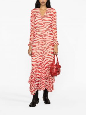 Sukienka długa z nadrukiem z falbankami w tygrysie prążki Ganni