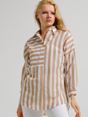 Koszula w paski oversize asymetryczna Armonika beżowa