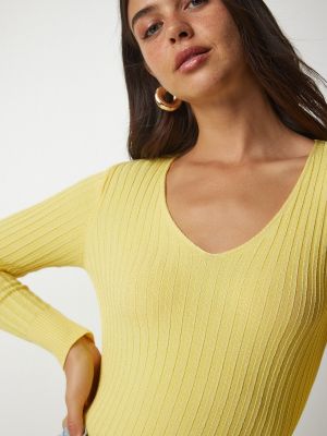 Bluza iz rebrastega žameta z v-izrezom Happiness İstanbul rumena