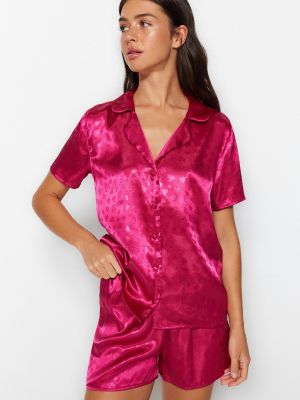 Pletena satenska pižama z vzorcem srca Trendyol roza