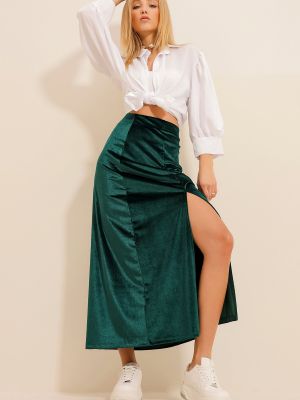 Sametové midi sukně Trend Alaçatı Stili zelené
