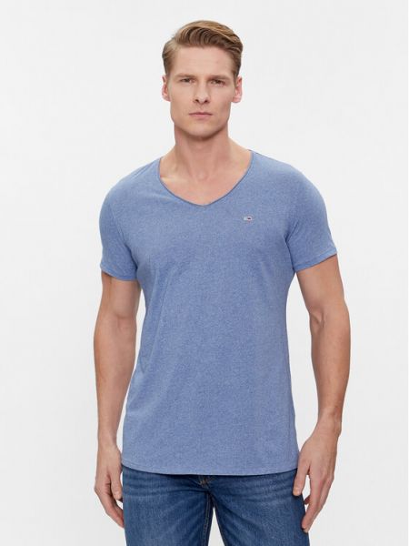 Тениска slim с v-образно деколте Tommy Jeans синьо