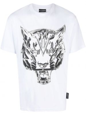 Medvilninis sportiniai marškinėliai su tigro raštu Plein Sport balta