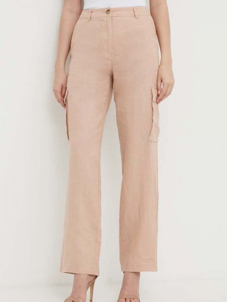 Lniane proste spodnie z wysoką talią United Colors Of Benetton różowe