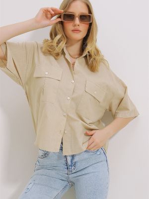 Lina krekls ar kabatām Trend Alaçatı Stili bēšs