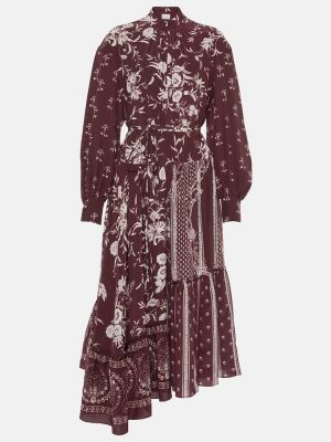 Svilena midi obleka s cvetličnim vzorcem z volani Erdem bordo