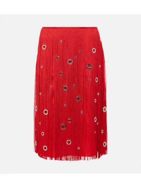 Hedvábné midi sukně s třásněmi Prada červené
