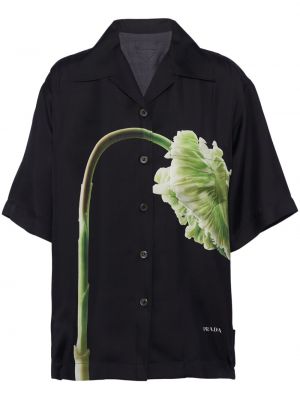 Kvetinová hodvábna košeľa s potlačou Prada čierna