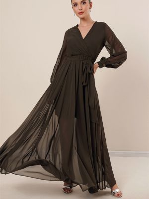 Sukienka długa szyfonowa z długim rękawem By Saygı khaki