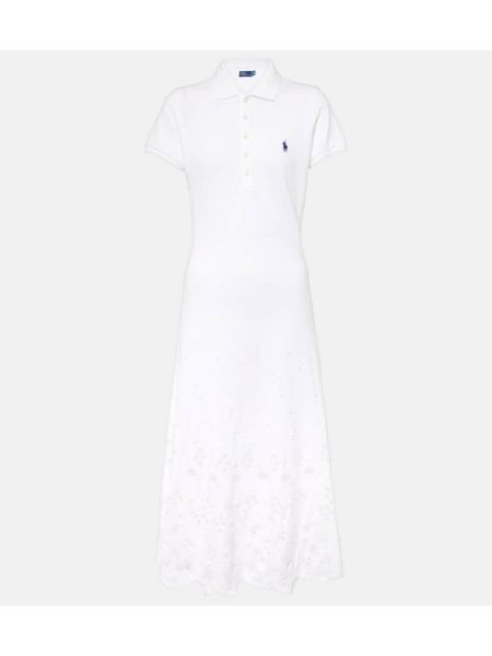 Bombažna midi obleka z mrežo Polo Ralph Lauren bela