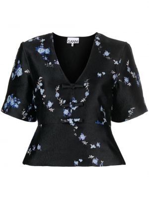 Жакардова блуза на цветя с v-образно деколте Ganni черно