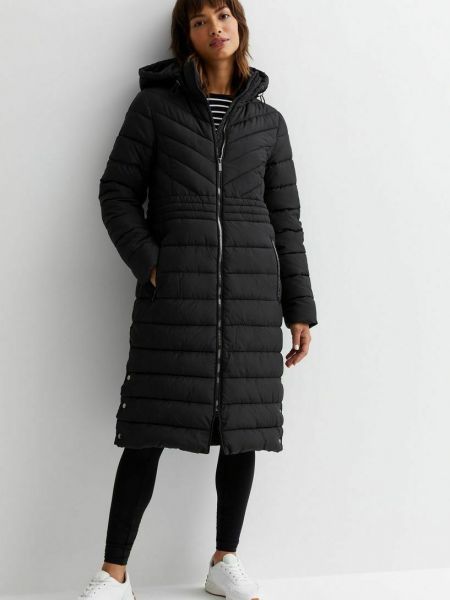 Черное зимнее пальто с капюшоном New Look