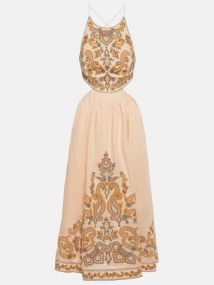 Льняное платье миди с вышивкой Zimmermann золотое