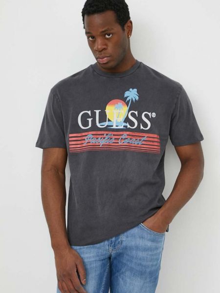 Koszulka bawełniana z nadrukiem Guess szara