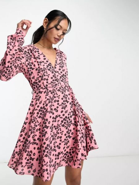 Платье мини с v-образным вырезом с длинным рукавом Glamorous розовое