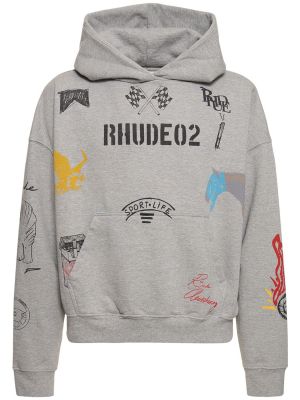 Bavlnená mikina s kapucňou s potlačou Rhude sivá