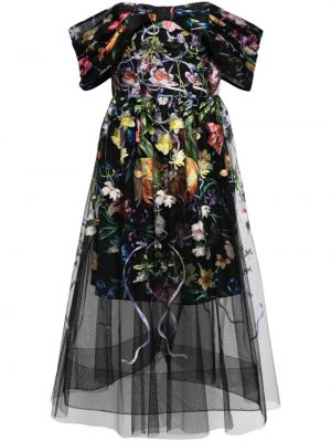 Virágos hímzett midi ruha Marchesa Notte fekete