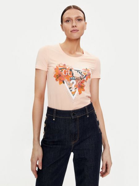 Slim fit priliehavé tričko s tropickým vzorom Guess oranžová